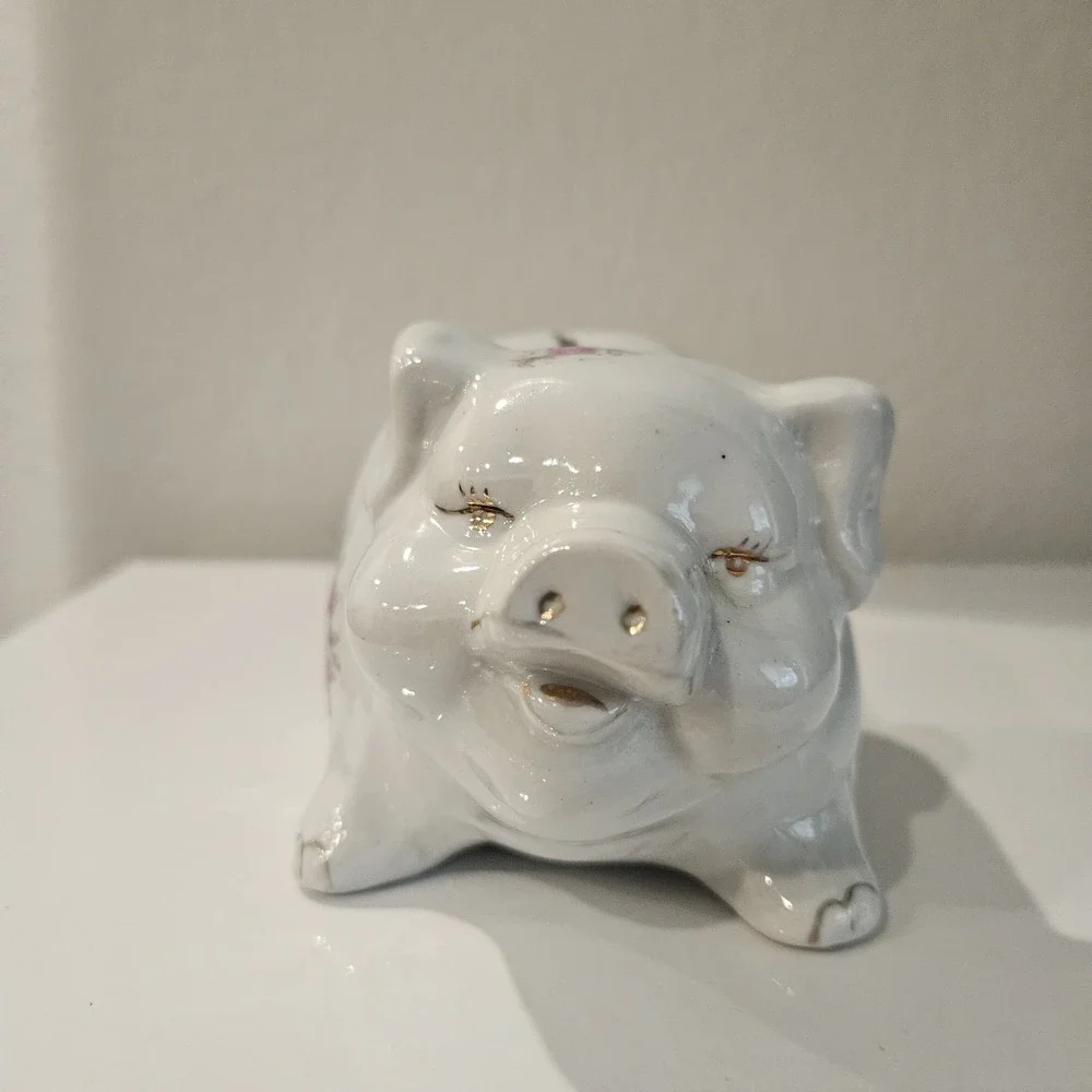 Porcelain White Piggy Bank With Pink Flowers Vintage